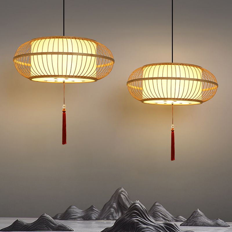 Drum Pendant Ceiling Lamp Asian Bamboo 1-Light Beige Suspension Light with Tassel Knot