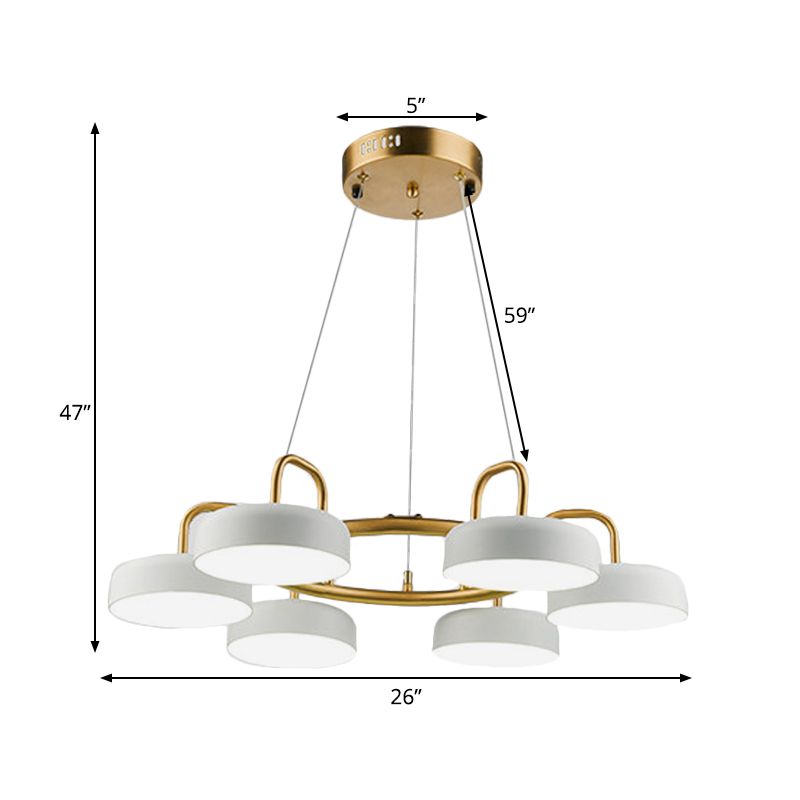 Metallic Drum Pendante Lightture Modernist à 6 tête LED Lampe de lustre en blanc et or