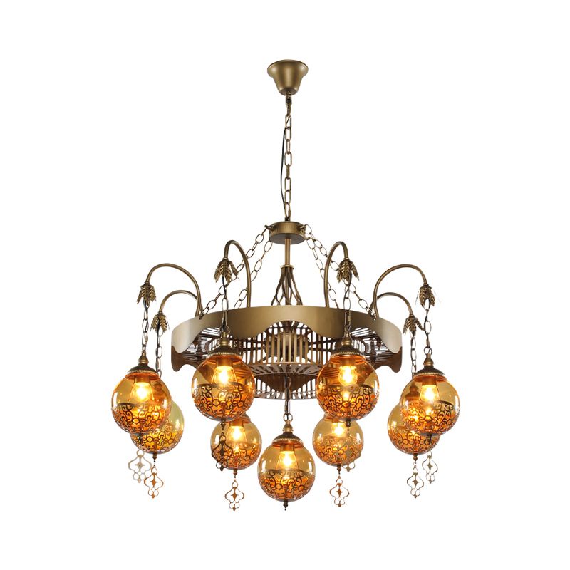 Traditional Ball Chandelier Lighting 9 Heads Tan Glass Suspension Pendant Lamp for Restaurant