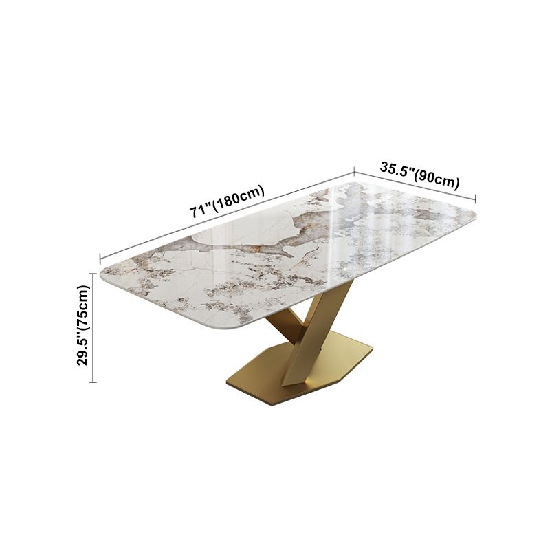 Mesa de lujo tradicional de metal, mesa interior rectangular de piedra sinterizada con pedestal