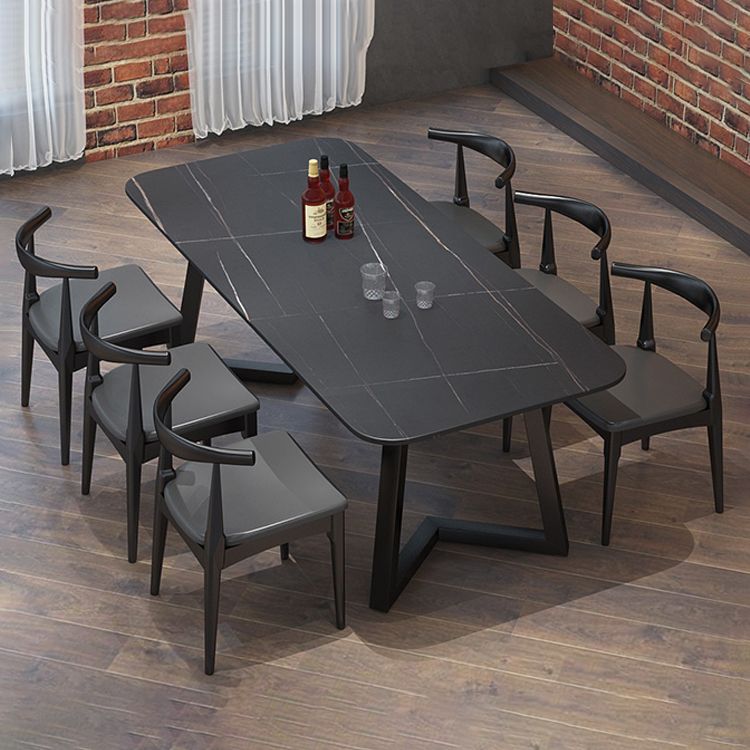Industrial Style Sintered Stone Dining Table Black Rectangle Table with Sled Base for Dinning Room