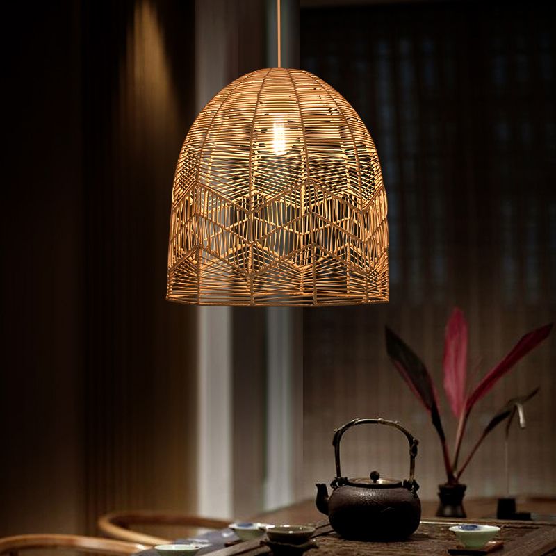 Elongated Ceiling Lighting Asian Style Rattan 1 Bulb Wood Hanging Lamp for Tea Room
