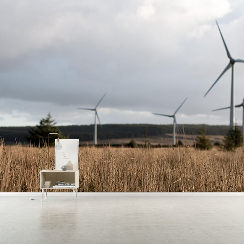 Customized Windmill Mural Wallpaper Small Town Mildew Resistant Wall Decor