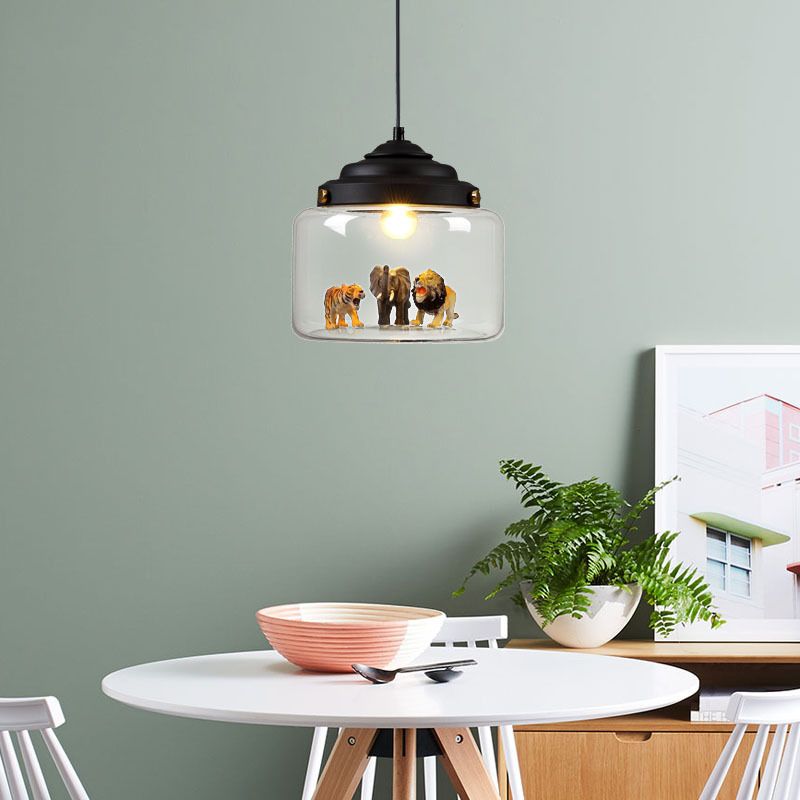 Suspension en verre transparent cylindrique en verre transparent des animaux de dessin animé moderne lampe pour la chambre à coucher pour les enfants (les animaux sont expédiés au hasard)
