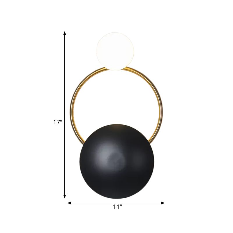 Postmodern Orbital Flush Mount Iron 2-Light Parlor Wall Sconce Light in Black-Gold with Orb Opal Glass Shade