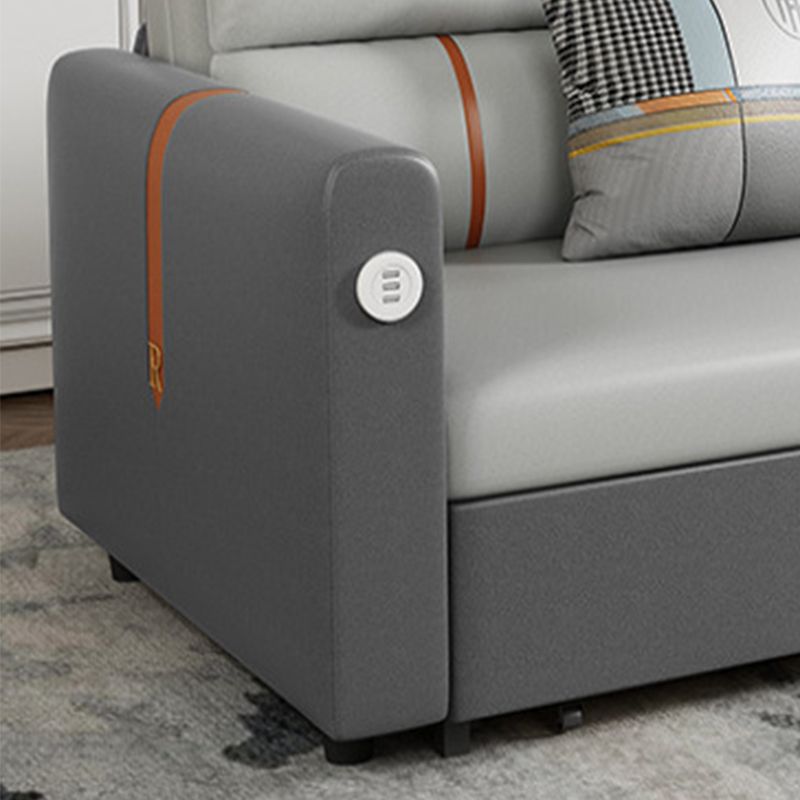 Faux Leather Sofa Convertible Sofa Bed with Square Arm in Grey