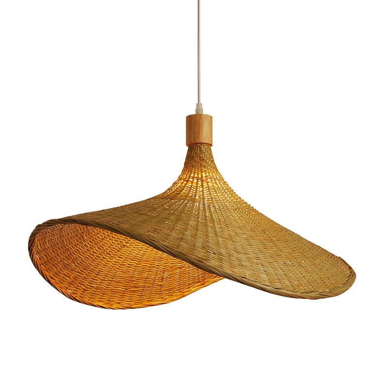 Bamboo Braided Hat Suspension Lamp Asian Style 1-Light Beige Hanging Pendant Light over Table, 19.5"/23.5" W