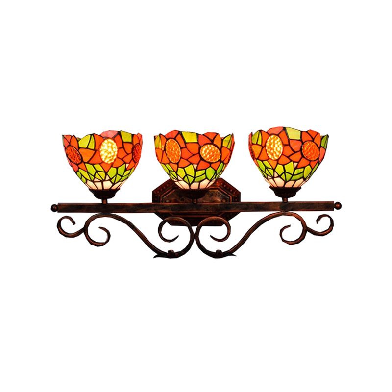 3 Heads Bowl Wall Light Fixture Baroque Orange Stained Glass Sconce Light with Sunflower Pattern