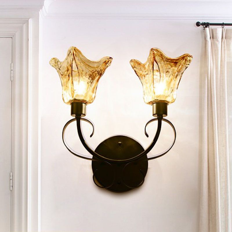 Rustic Bell Wall Sconce Lighting 2 Bulbs Amber Handblown Glass Wall Light in Black for Living Room
