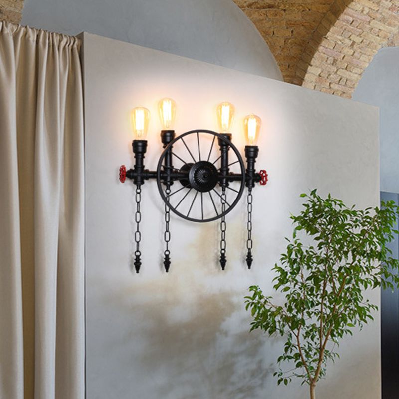 Wagon Wheel Restaurant Wall Light Retro Iron Restaurant Piping Light with Valve Decor in Black