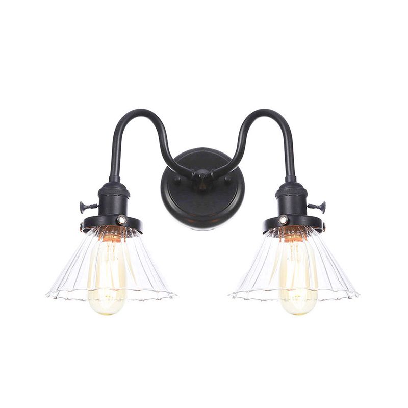 Black Curved/Straight Arm Wall Lighting Farmhouse Iron 2-Head Bathroom Wall Light with Cone/Ball Clear Glass Shade