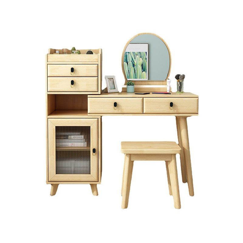 Wood Vanity Set with Stool and Mirror 4 Drawers Dresser Modern Style