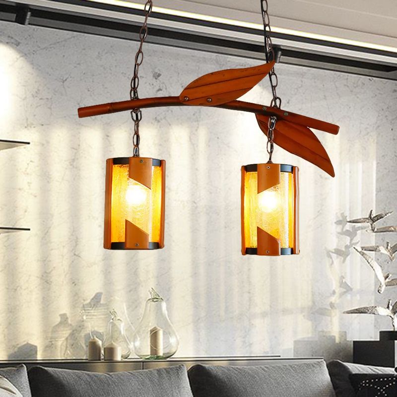 Crackle Glass Cylindrical Hanging Light Style Country 2 Lights Lighting Brown Island Lighting con acento de rama para restaurante