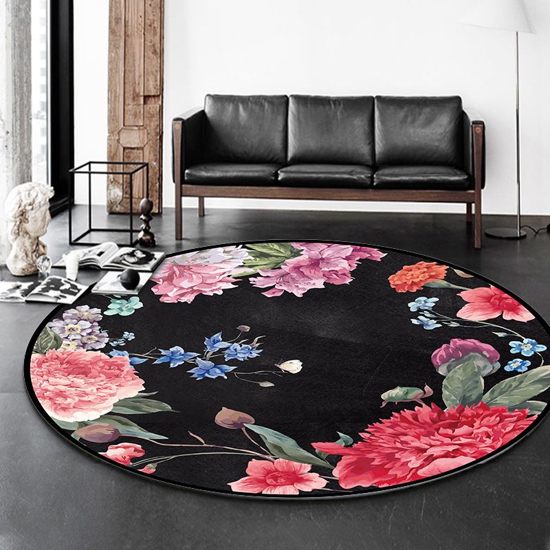 Black Living Room Area Rug Floral Pattern Polyester Area Carpet Stain Resistant Rug
