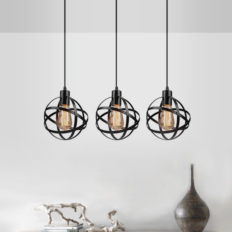 3 Lights Spherical Pendant Light Fixture Industrial Black Metal Hanging Light with Wire Guard for Dining Room