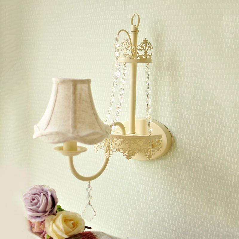 White 1 Light Wall Mount Light Vintage Crystal Strand Curved Arm Sconce Light with Shade/Shadeless