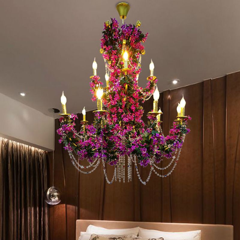 15 Lights Metal Ceiling Chandelier Retro Purple Candle Restaurant LED Lily Down Lighting with Crystal Draping