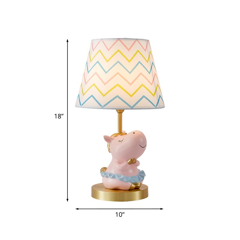 Pink Horse Table Light Cartoon 1 Bulb Resin Night Stand Lamp with Wave-Printed Fabric Lampshade