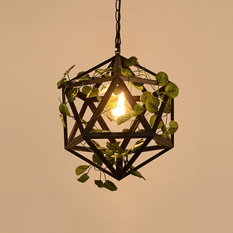 Iron Polyhedron Cage Pendant Light Antique Single Restaurant Plant Hanging Light Fixture in Black
