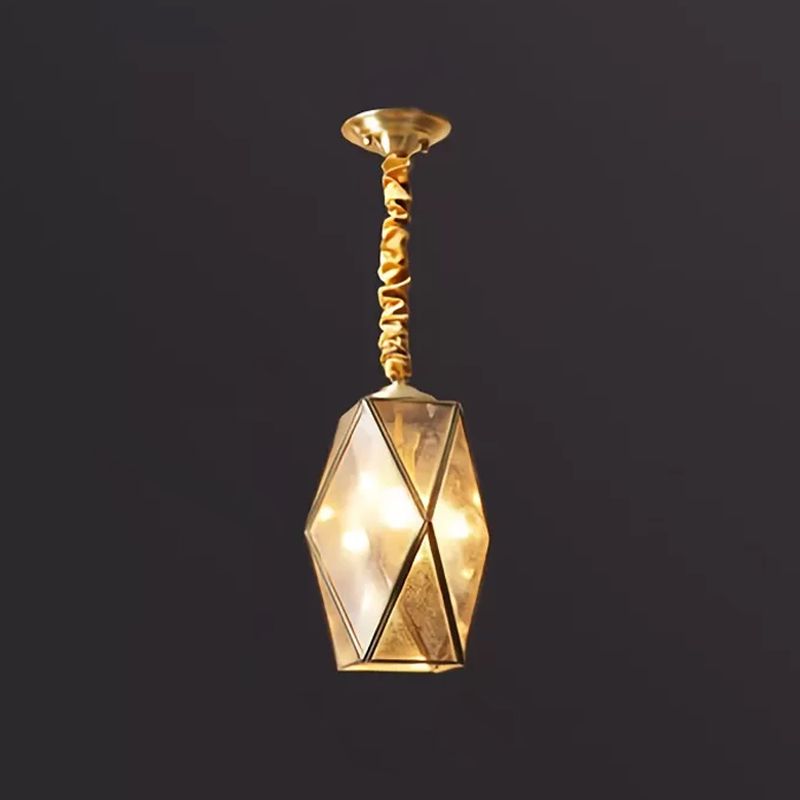 Prismatic/Faceted/Diamond Clear/Frosted Glass Hanging Pendant Vintage 1-Light Bedroom Ceiling Light in Brass