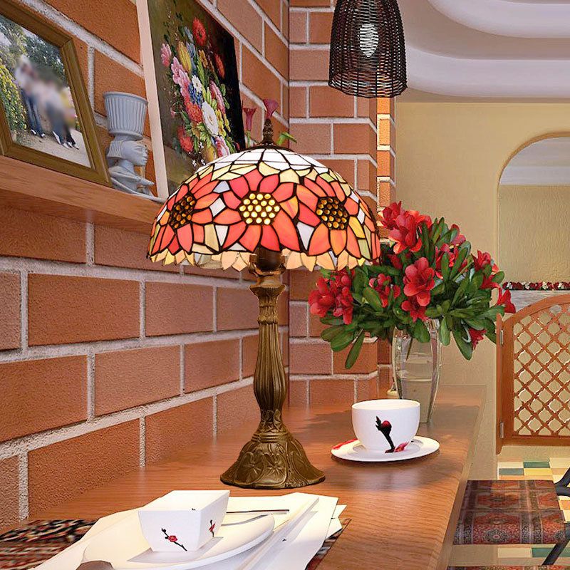 Lámpara de parada de noche de tazón Lámpara de vidrio manchado de una sola iluminación de mesa clásica en naranja con patrón de girasol