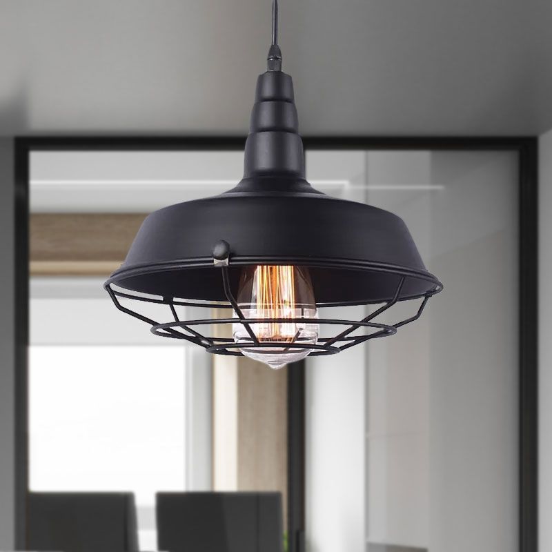 White Inner/Black Wire Guard Pendant Lighting with Barn Shade Vintage Wrought Iron 1 Light Kitchen Suspended Light