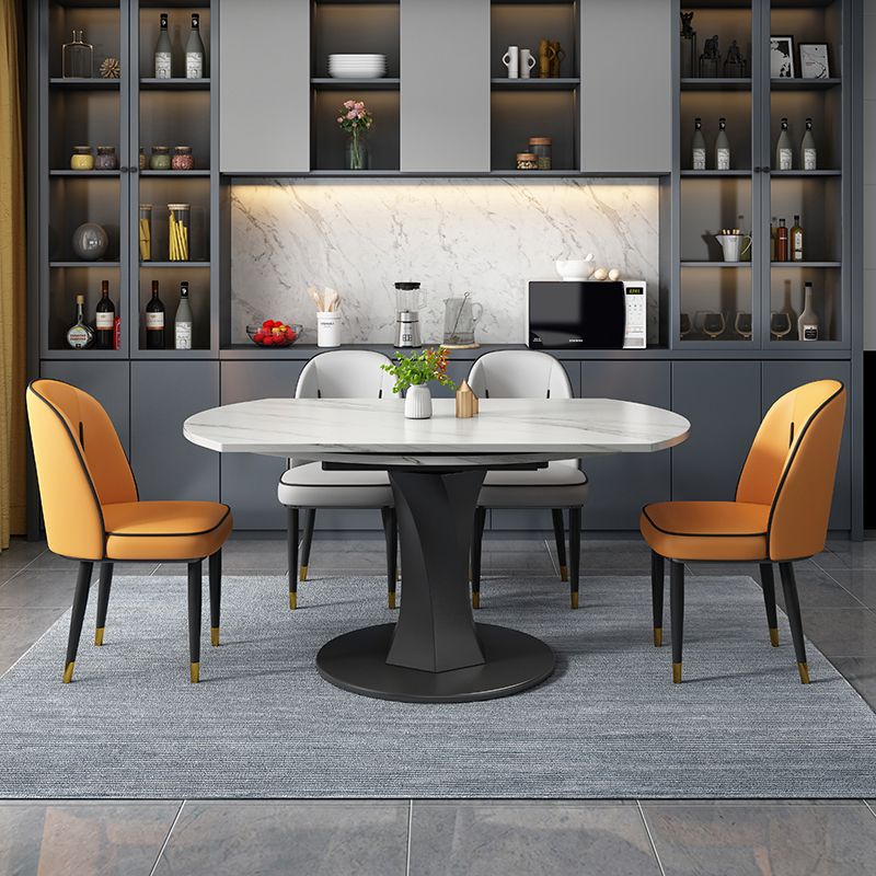 Modern Style Sintered Stone Dining Table White Round Drop-Leaf Table with Pedestal Base