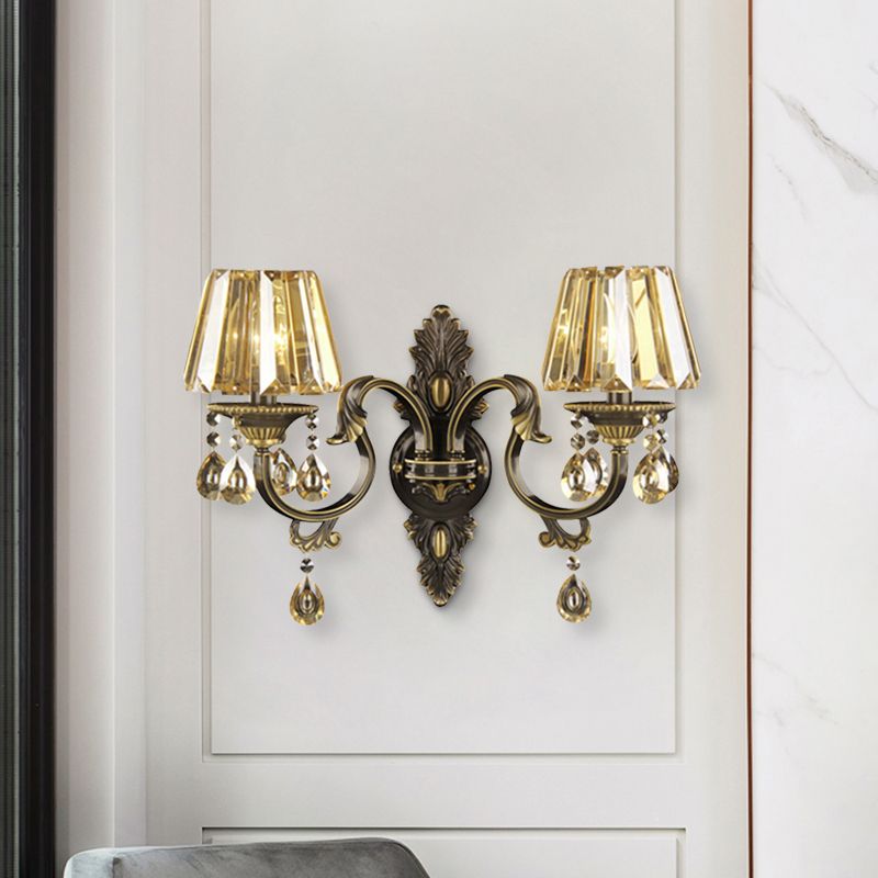 2 Bulbs Draping Crystal Teardrop Sconce Light Modern Amber Tapered Living Room Wall Mounted Lighting