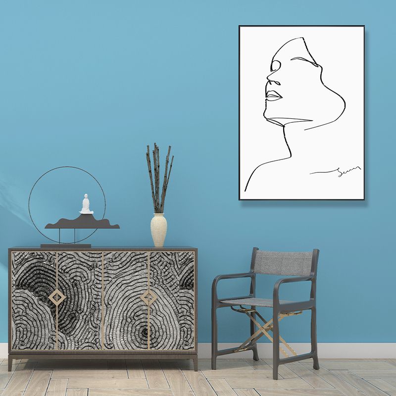 Pencil Sketch Woman Canvas Art Textured Minimalism Girls Bedroom Wall Decor in White