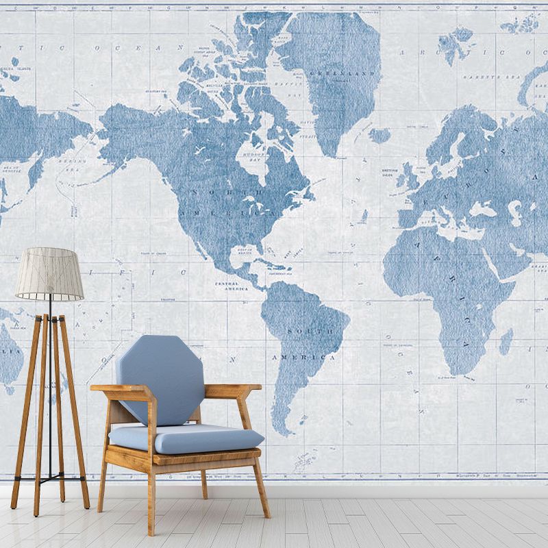 Contemporary World Map Mural Wallpaper in Pastel Blue Coffee Shop Wall Covering, Full Size