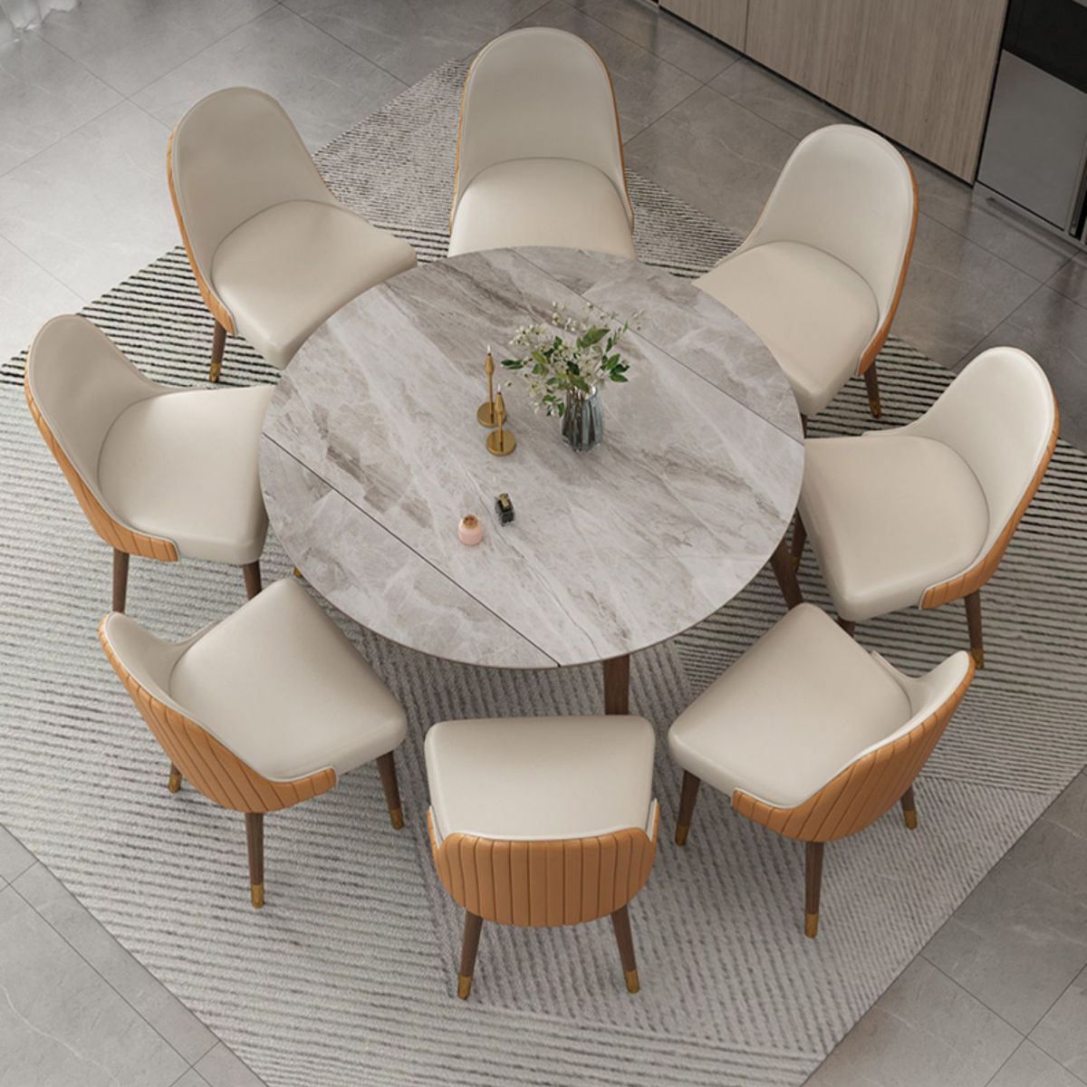 Contemporary Style Sintered Stone Dining Table with Grey Self-Storing Leaf and 4 Legs Base