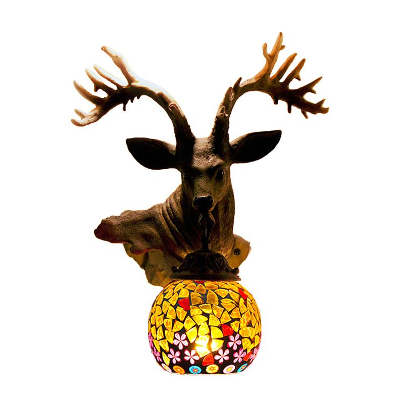 1 Light Wall Lighting Mediterranean Globe Stained Glass Sconce Light in Silver/White/Beige with Deer Head Deco