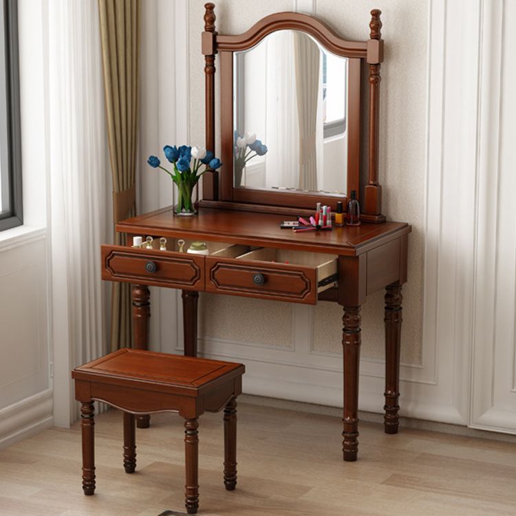 Traditional Mirrored Vanity Set Solid Wood Dressing Table with Stool