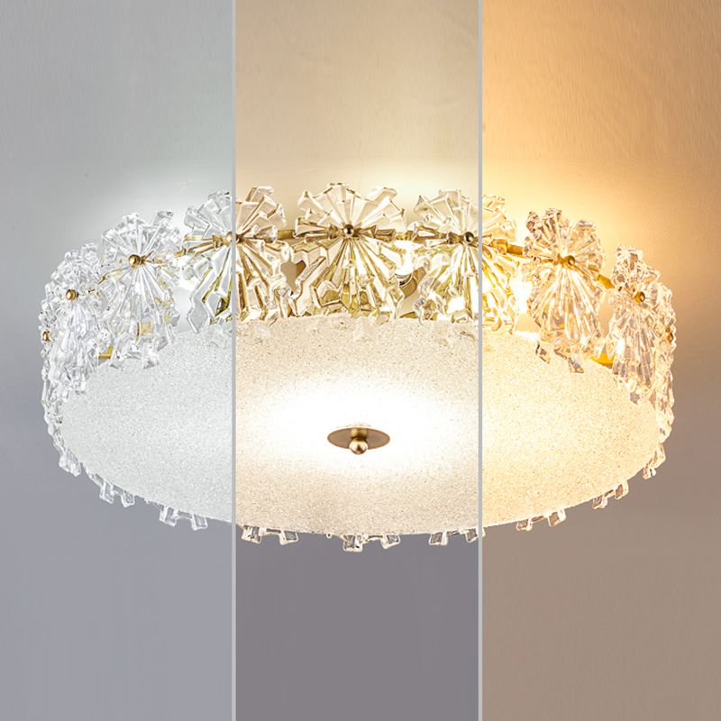 Gold Metal Flush Mount Light Fixtures Traditional Drum Semi Flush Ceiling Lamps with Glass Shade