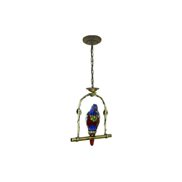 Blue 1 Light Suspended Light Tiffany Style Stained Glass Parrot Ceiling Pendant with Perch Swing