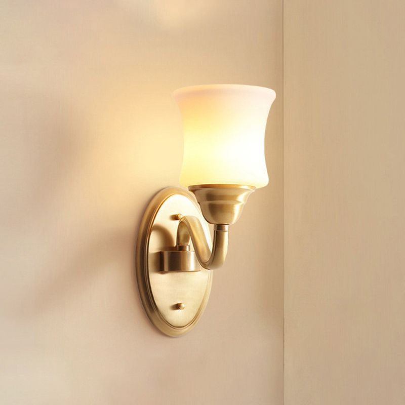 Single-Bulb Sconce Light Antique Stairs Wall Lamp Fixture with Curved Cream Glass Shade in Brass