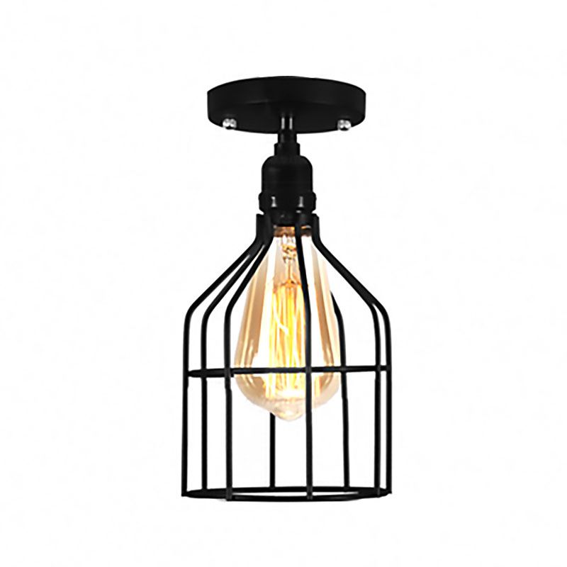 Plafonnier semi-encastré en fer Global/Barrel avec protection en fil de style ferme, plafonnier à 1 lumière pour café, noir