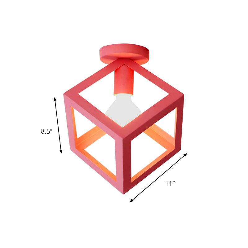 1 Light Squared Ceiling Mounted Light with Wire Guard Loft Style Black/Gray Metallic Semi-Flush Lighting for Bedroom