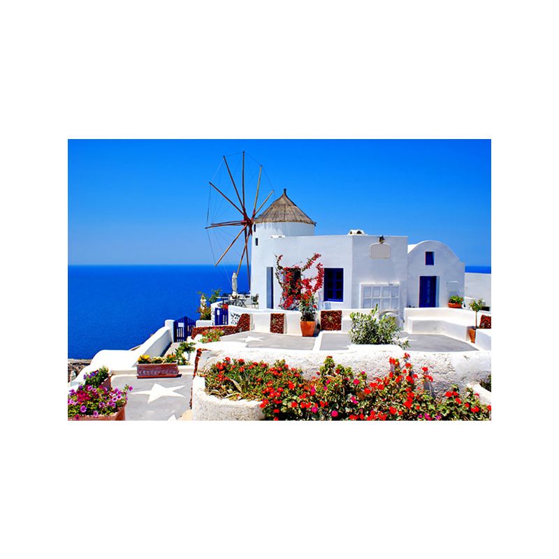 Aegean Sea Houses Wall Art Modern Style Textured Sitting Room Canvas Print in Blue
