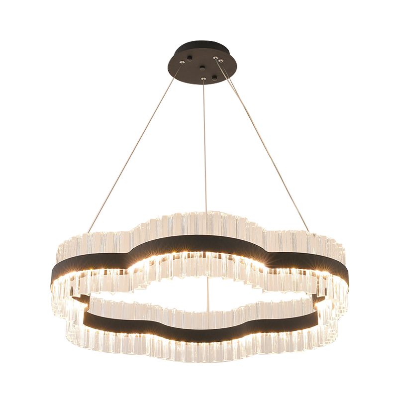 1/2 Tiers Flower Living Room Ceiling Chandelier Crystal 23.5"/31.5" Wide Led Minimalist Hanging Light Kit in Black/Gold