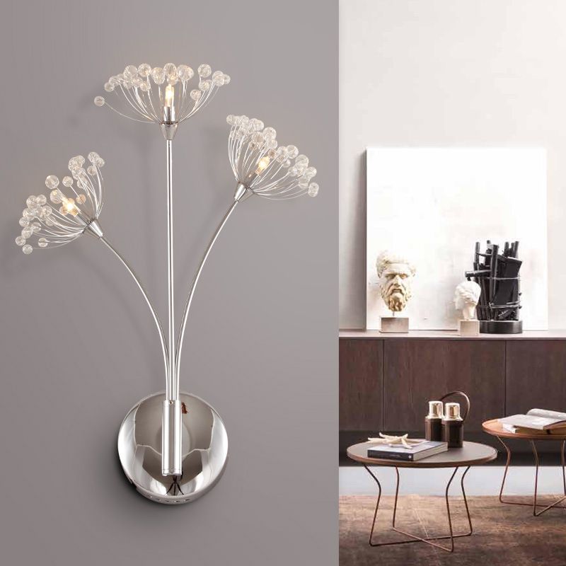 Dandelion Wall Splock Light Modern Crystal 3 luces Luz de montaje de pared plateado para espacio de oficina