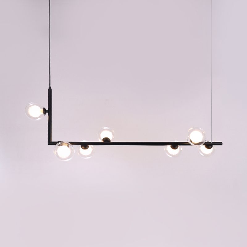 Contemporary Ball Clear Glass Island Lighting 7 Lights LED Suspension Pendant Lamp in Black with Right Angle Arm