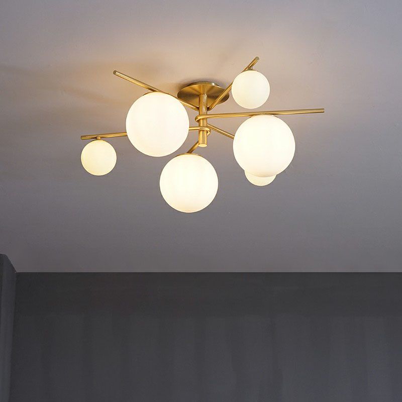 Simplicity 6-Light Semi Flush Mount Lamp Gold Sputnik Ceiling Light with Ball White Glass Shade