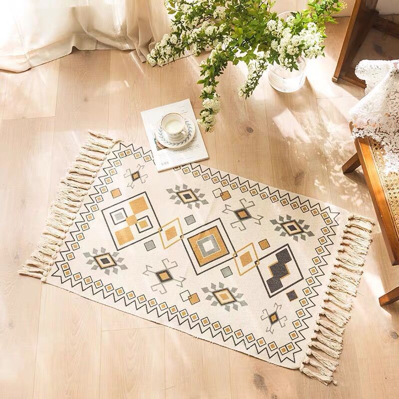 Multi Color Bedroom Rug Funky Geometric Carpet Cotton Machine Washable Pet Friendly Rug with Tassel