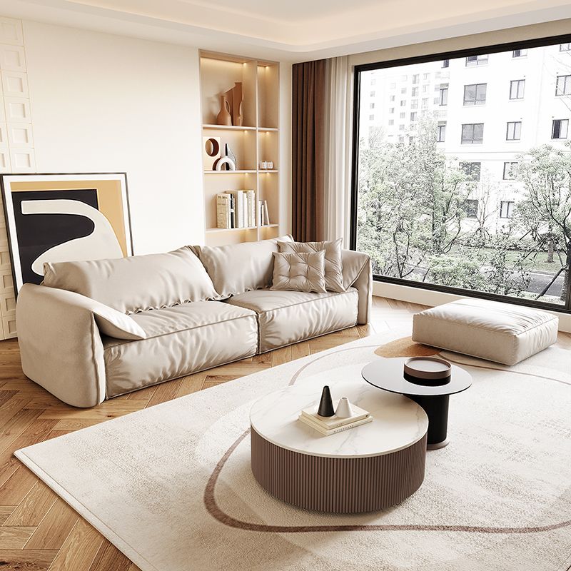 White Contemporary Faux Leather Pillow Top Arm Sofa with Bolster Pillows for Living Room