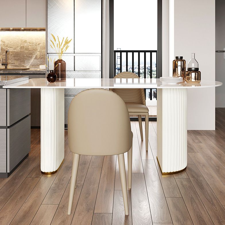 Modern White Dining Table 30.7" H Table with Double Pedestal Base for Kitchen Island