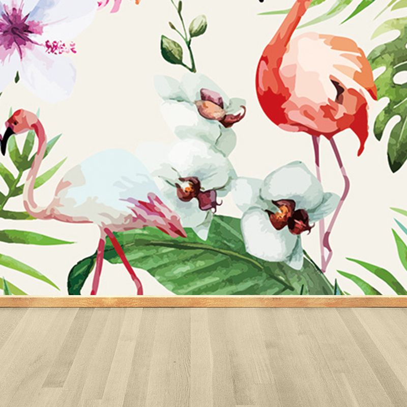 Tropical Botanics Flamingo Mural Decal for Girls Room Custom Wall Covering in Soft Color