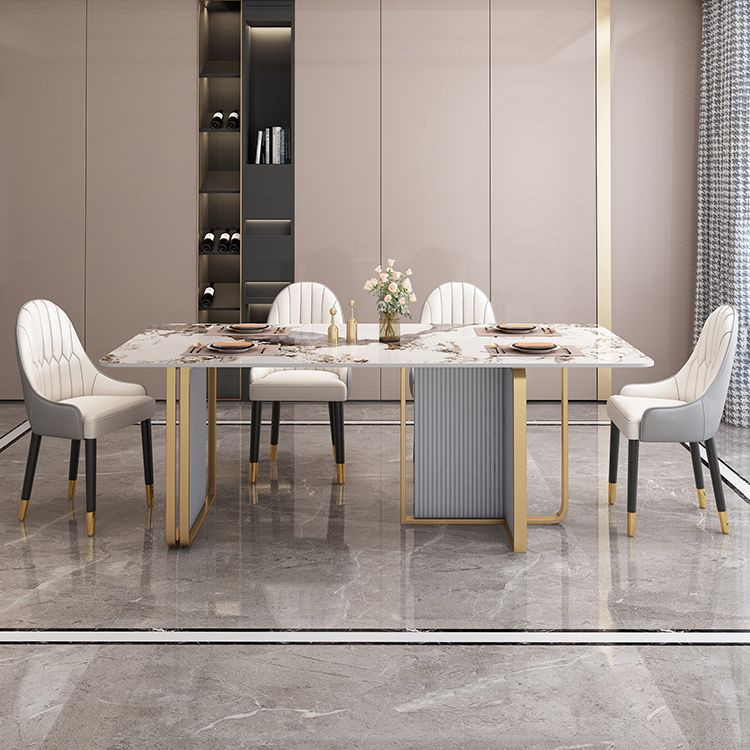 Modern Sintered Stone Table Set for 4/6 with Rectangle Table Dining Set with Gold Double Pedestal
