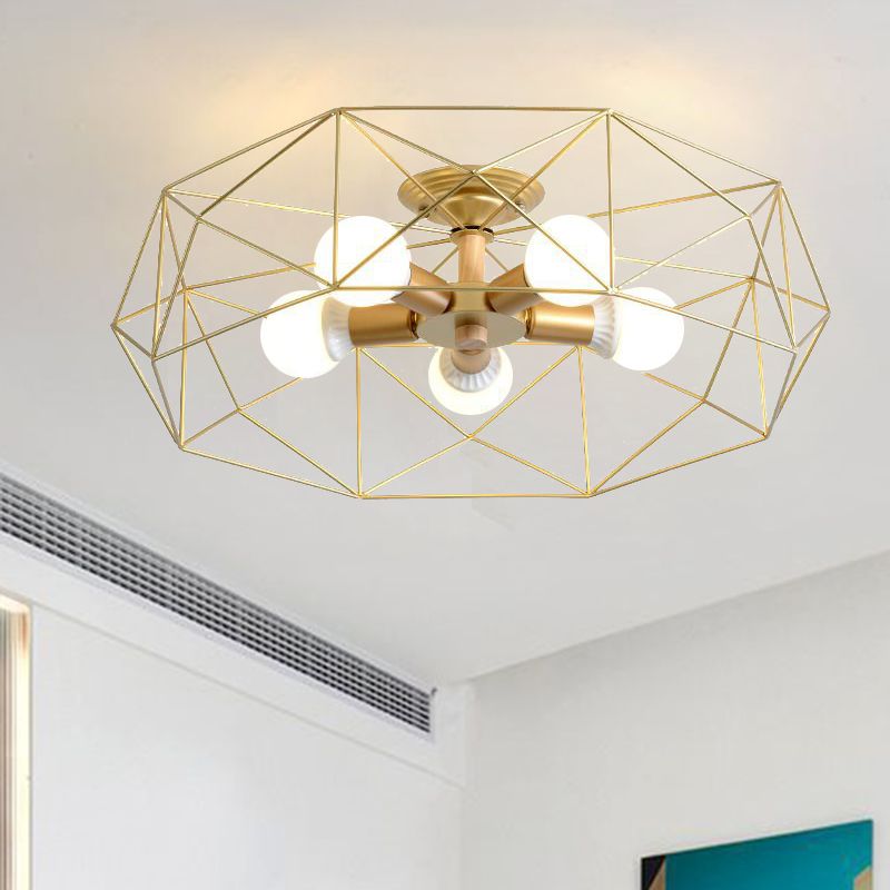 Geometric Opal Glass Semi Flush Industrial 3/4/5 Lights Bedroom Light Fixture in Gold