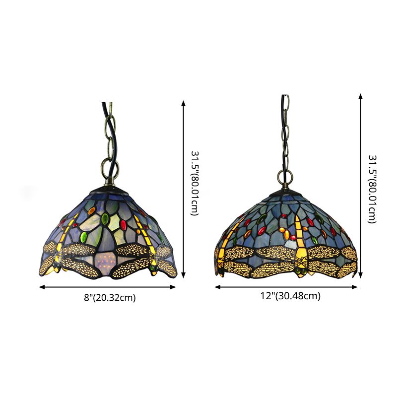 Stained Glass Domed Hanging Ceiling Light Tiffany Style Blue Pendant Lighting Fixture